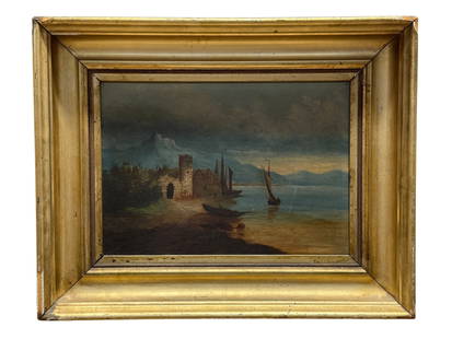 19th C. Oil on Canvas "Boats at Bay" Painting: 19th C. Oil on Canvas "Boats at Bay" Painting. Artist unkown. Depicting boats on the bay with housing. Painting measures 13.5" x 9.5". Frame measures 19.75" x 15.75". Frame has some scuffs and scratch