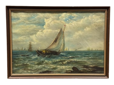 19th C. Oil on Canvas "Ships at Sea" Painting