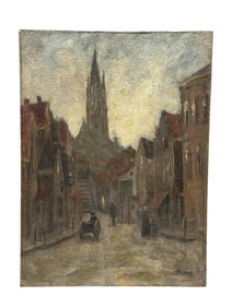 Signed Antique Oil on Board "Town Scene" Painting