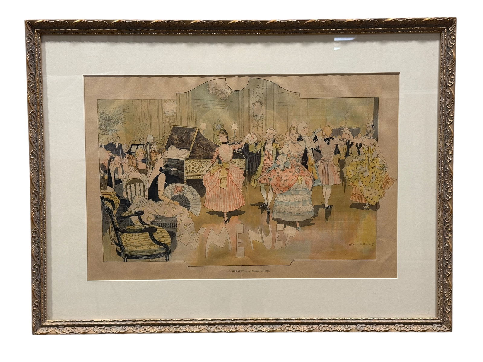 Vintage French Claude Gillot "Le Minuet" Print: Vintage French Claude Gillot "Le Minuet" Print. After August Francois. Print measures 23.25" x 15.25". Frame measures 31.25" x 23.25". Frame has some scuffs on corners.