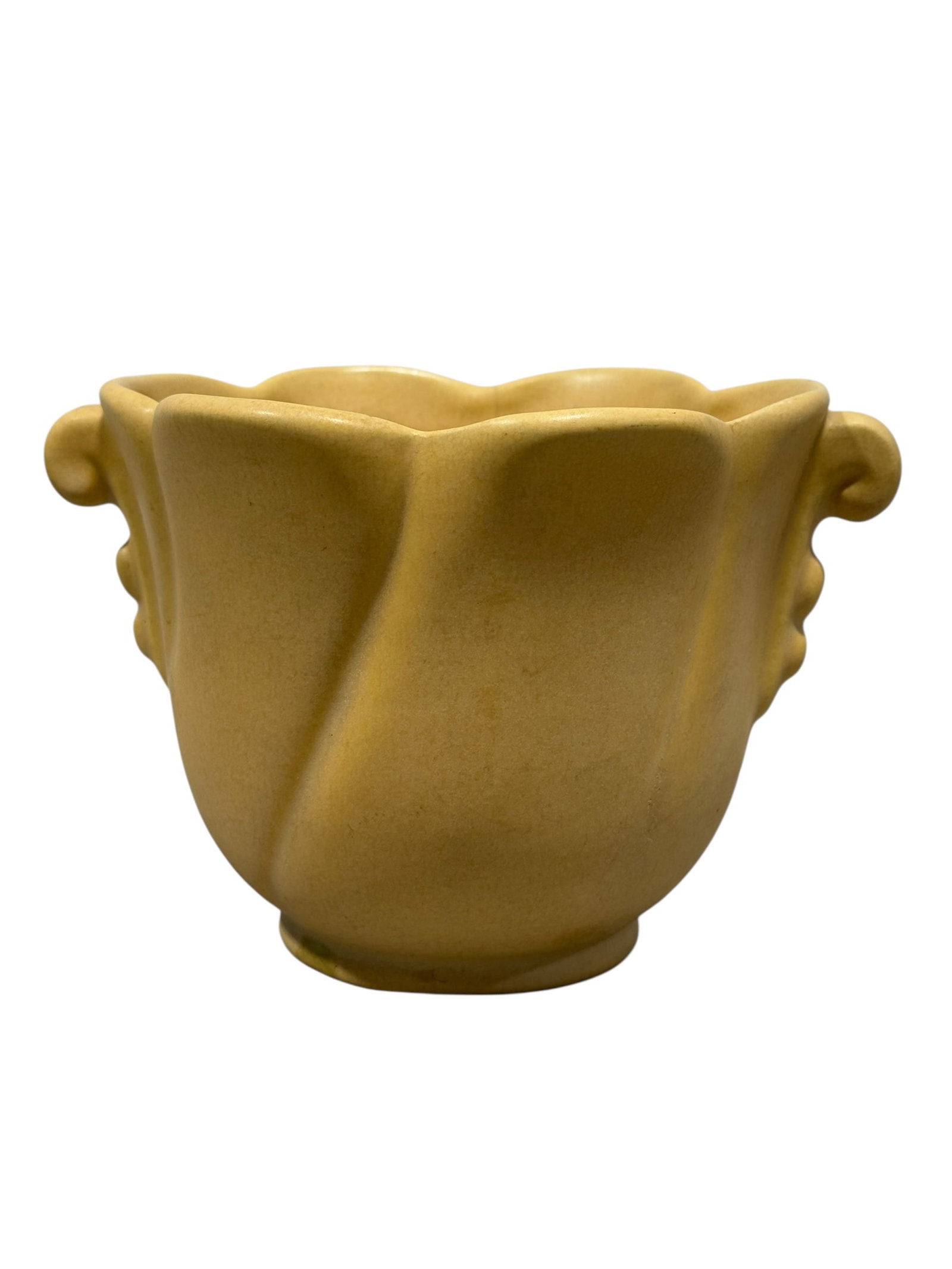 Antique Signed Weller Yellow Pottery Tulip Vase: Antique Signed Weller Yellow Pottery Tulip Vase. Signed on the underside of vase. Measures 4.75" H x 7" W x 5.5" D. In good condition.