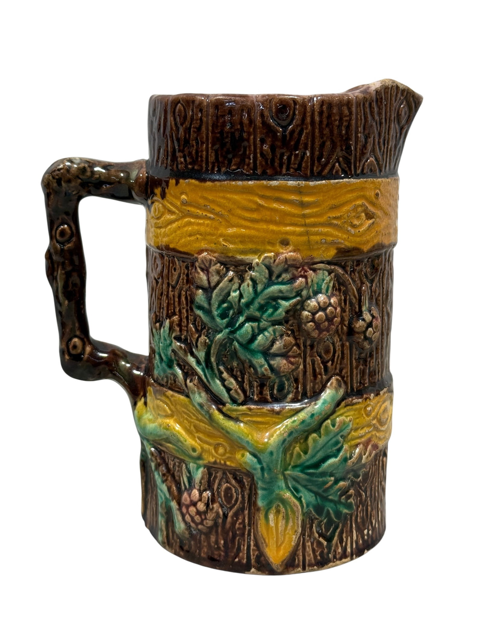 Cir 1880 English Berry Majolica Pitcher: Cir 1880 English Berry Majolica Pitcher. Measures 6.5" Tall. Has some small chips to glaze.