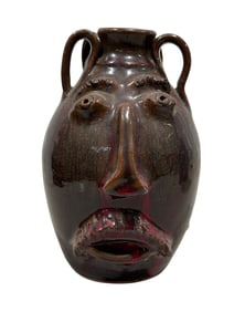 Signed L Brewer Owens Folk Art Pottery Face Jug