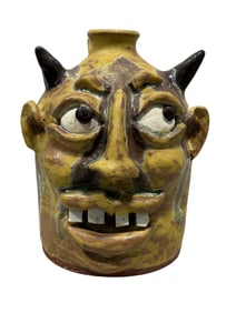 Signed Pottery Folk Art Face Jug w/ Horns