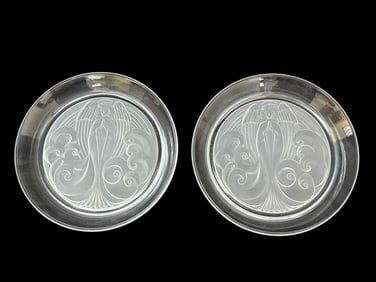 Pair of Signed Lalique France Crystal Embossed Angel Plates
