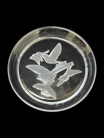Signed Lalique France Crystal Embossed Birds Plate