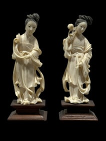 Pair of Asian Women Bone Figures