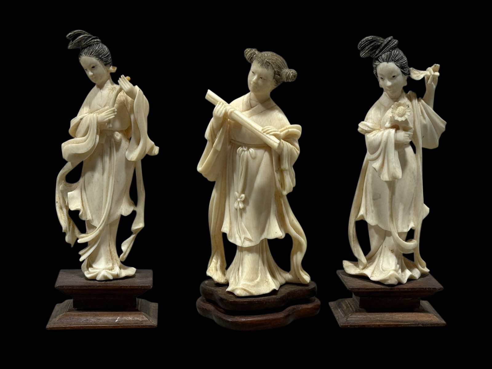 Group of 3 Asian Women Bone Figures: Group of 3 Asian Women Bone Figures. Each measures 4.75" Tall and 5" Tall. 1 is broken (see photos).