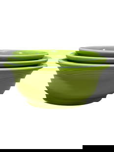 Set of 3 Green Fiestaware Nesting Bowls: Set of 3 Green Fiestaware Nesting Bowls. Marked on the underside. Measurements biggest to smallest: 3.5" H x 9.25" W x 9.25" D, 3.5" H x 8.75" W x 8.75" D & 3.5" H x 7.75" W x 7.75" D. In good conditi