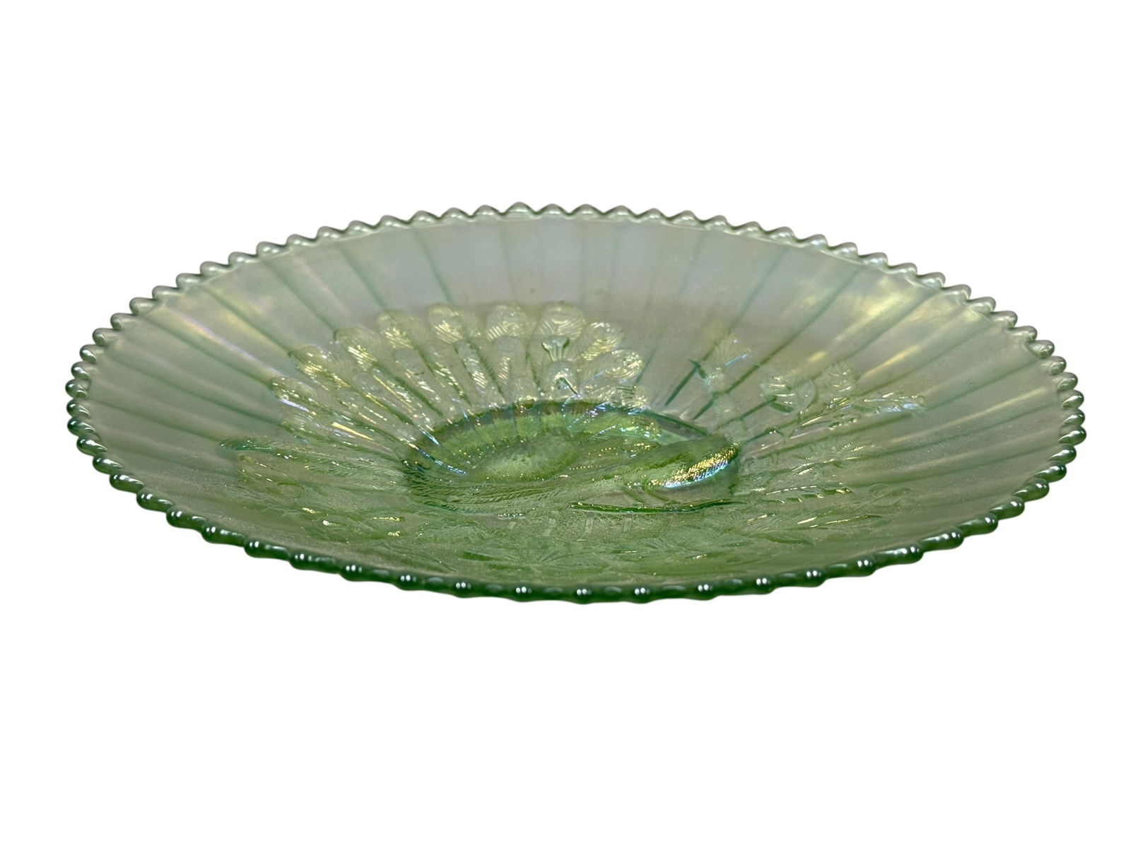 Northwood "Peacock on Fence" Ice Green Carnival Glass Plate (1 of 3)