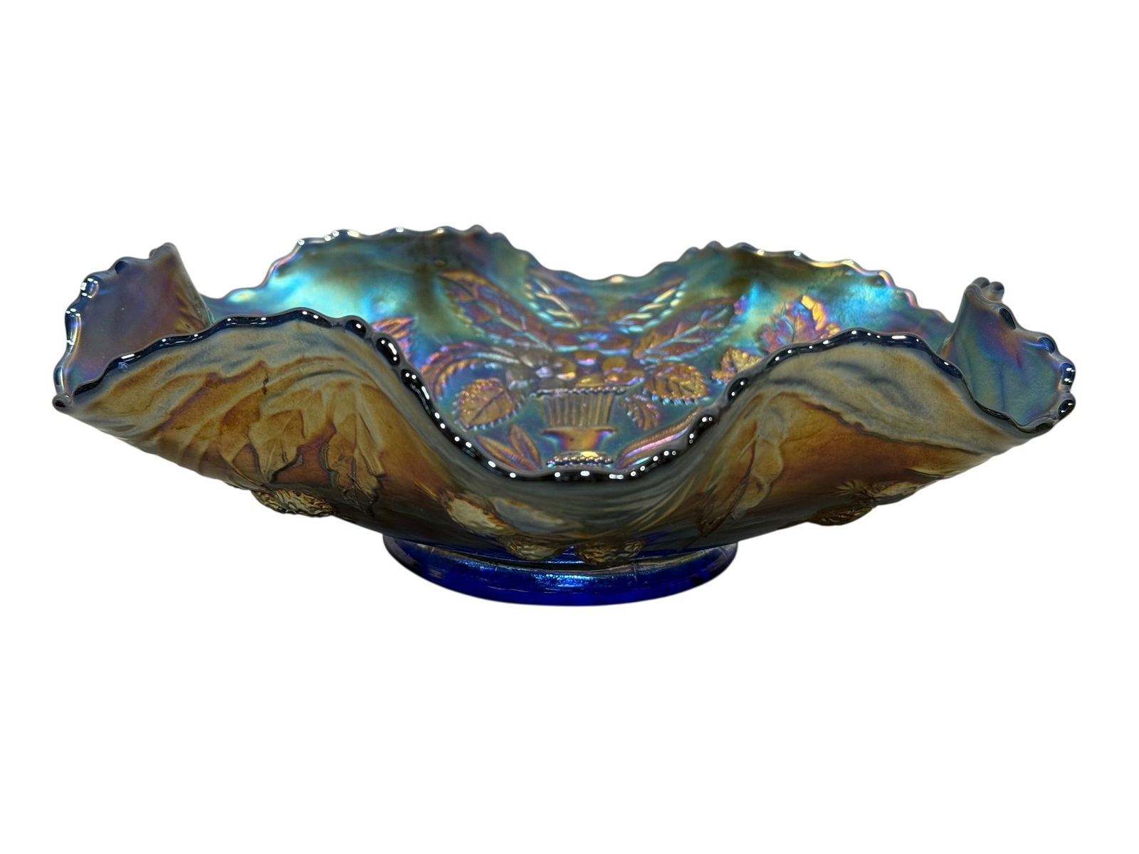 Fenton "Peacock & Urn" Electric Blue Bowl: Fenton "Peacock & Urn" Electric Blue Bowl. Measures 2.75" H x 8.75" W x 8.75" D. In good condition.