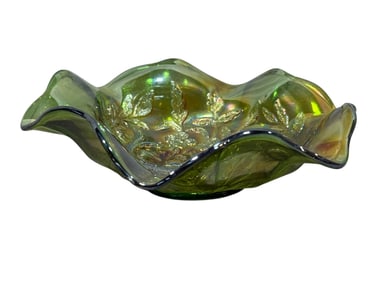 RARE Millersburg Trout & Fly Green Carnival Glass Bowl
