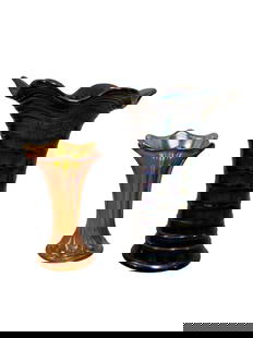 Lot of 2 Imperial Carnival Glass Vases: Lot of 2 Imperial Carnival Glass Vases. Measures 5" Tall & 7.75" Tall. Small vase has a chip on the side.