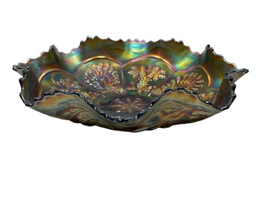 Fenton Peacock & Grape Blue Carnival Glass Bowl