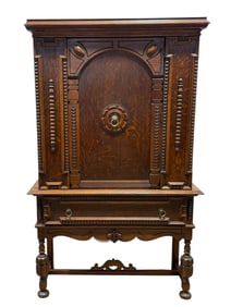 Antique Tiger Oak Carved Jacobean Style Cabinet w/ Drawer