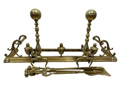 Vintage 6Pc Brass Fireplace Set: Vintage 6Pc Brass Fireplace Set. Fire Fender measures 9.25" H x 48.5" W x 12.5" D. Andirons measure 21" Tall. In used condition.