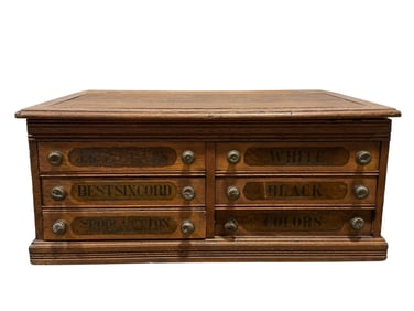 Late 19th C. Slant Top Oak J&P Coats 6 Drawer Spool Cabinet