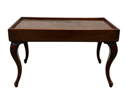 Antique Mahogany Tea Table: Antique Mahogany Tea Table. Measures 17.5" H x 29" W x 16.5" D. Has scuffs and scratches. Table top has damage.