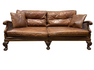 Caned Leather Ball & Claw Foot Sofa