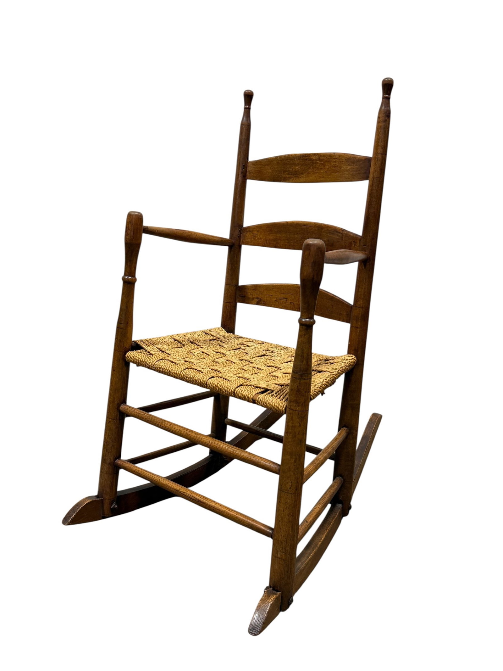 Antique Rocker w/ Splint Weave Seat: Antique Rocker w/ Splint Weave Seat. Measures 40.5" H x 19.5" W x 33.5" D. Seat height measures 17.5" H. Has some scuffs and scratches.
