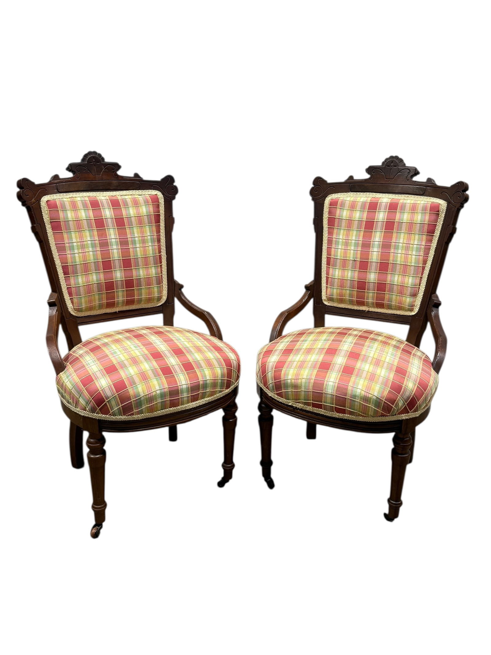 Pair of Antique Eastlake Side Chairs: Pair of Antique Eastlake Side Chairs. Measures 36.5" Tall. Seat height measures 18" Tall. Has scuffs, scratches and has a repaired spot.