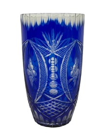 Vintage Cobalt Blue Cut to Clear Bohemian Crystal Vase