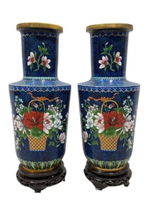 Pair of Large Floral Blue Chinese Cloisonne Vases