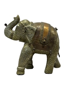 1940s Copper Brass Punched Tin Trunk Up Elephant Statue