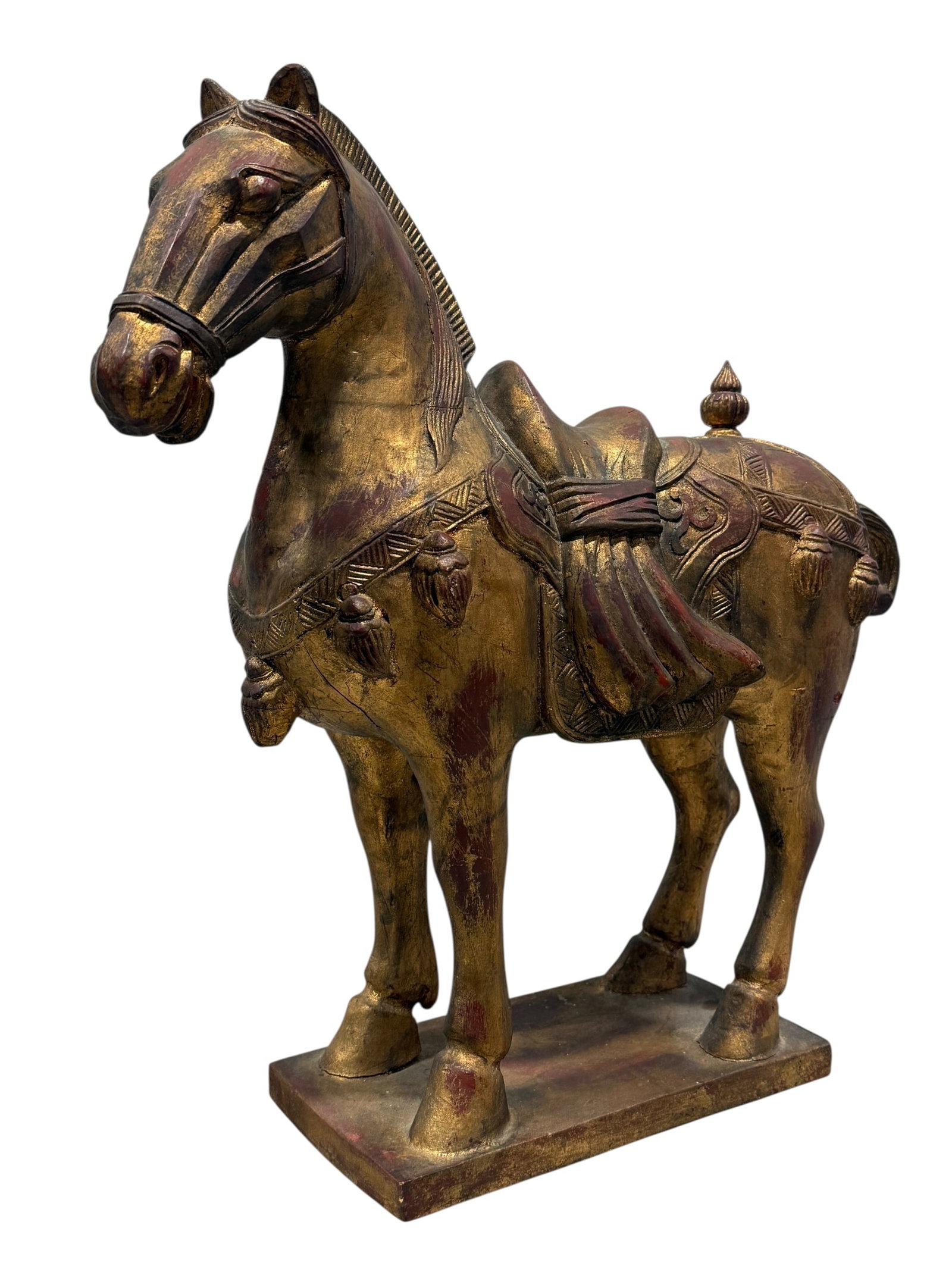 Giltwood "Tang Dynasty" Horse Sculpture: Giltwood "Tang Dynasty" Horse Sculpture. Measures 19.5" H x 21" W x 6.75" D. Has some scuffs and cracks.