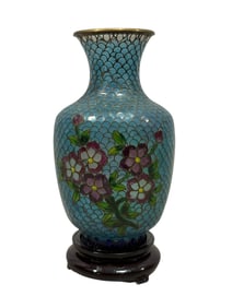Plique A Jour Cloisonne Vase on Wood Base
