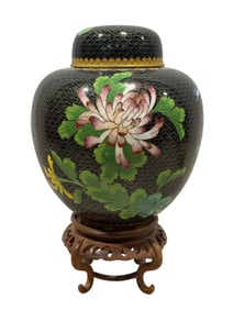 Lidded Cloisonne Urn on Wood Base