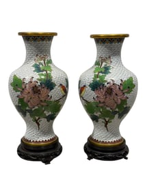 Pair of Cloisonne Vases on Wood Bases
