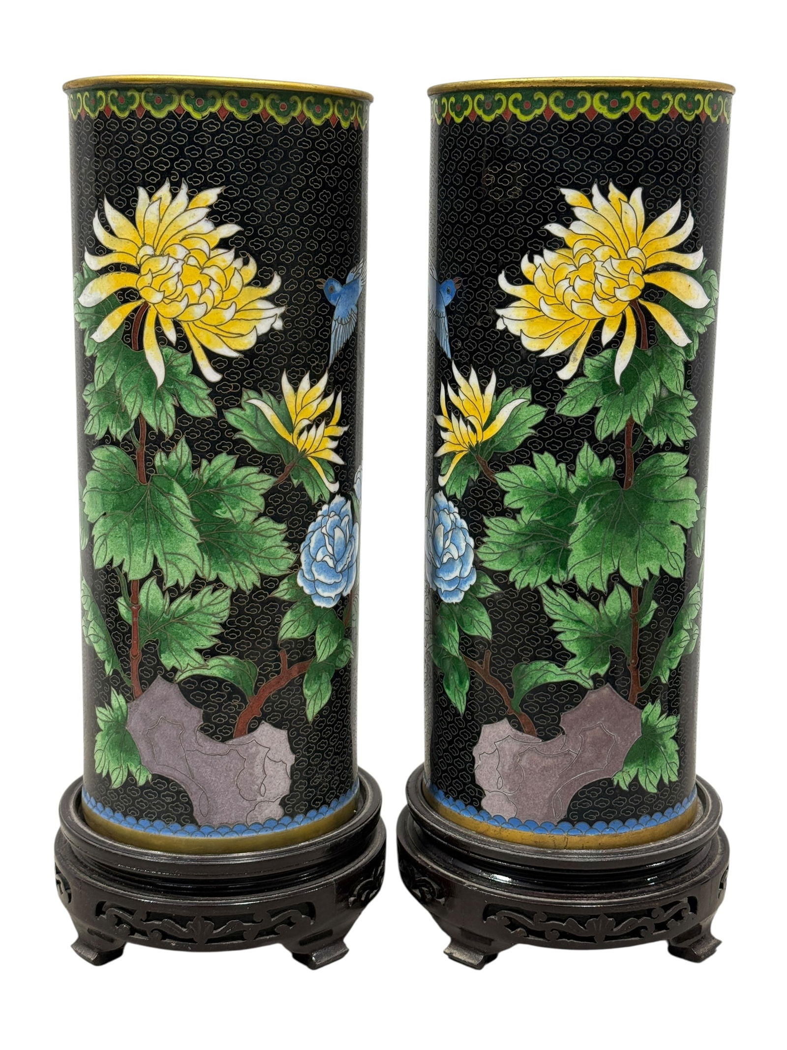 Pair of Cloisonne Vases on Wood Bases: Pair of Cloisonne Vases on Wood Bases. Measures 12.25" H x 5" W x 5" D. Has some scuffs.