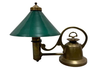 Antique Brass Student Electrical Desk Lamp: Antique Brass Student Electrical Desk Lamp. Converted to electrical. Measures 12.25" H x 15.75" W x 9.75" D. Is working. Has some scratches, dents, scuffs and showing some patina.