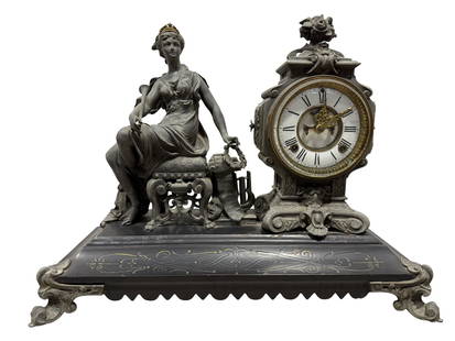 1900s Ansonia Clock Co. Spelter "Opera" Mantel Clock: 1900s Ansonia Clock Co. Spelter "Opera" Mantel Clock. Measures 16.25" H x 21.25" W x 8.25" D. Condition reflects its age. Has a repaired spot on the cape.
