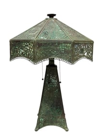 Riviere Studios Metal Overlay Slag Glass Lamp