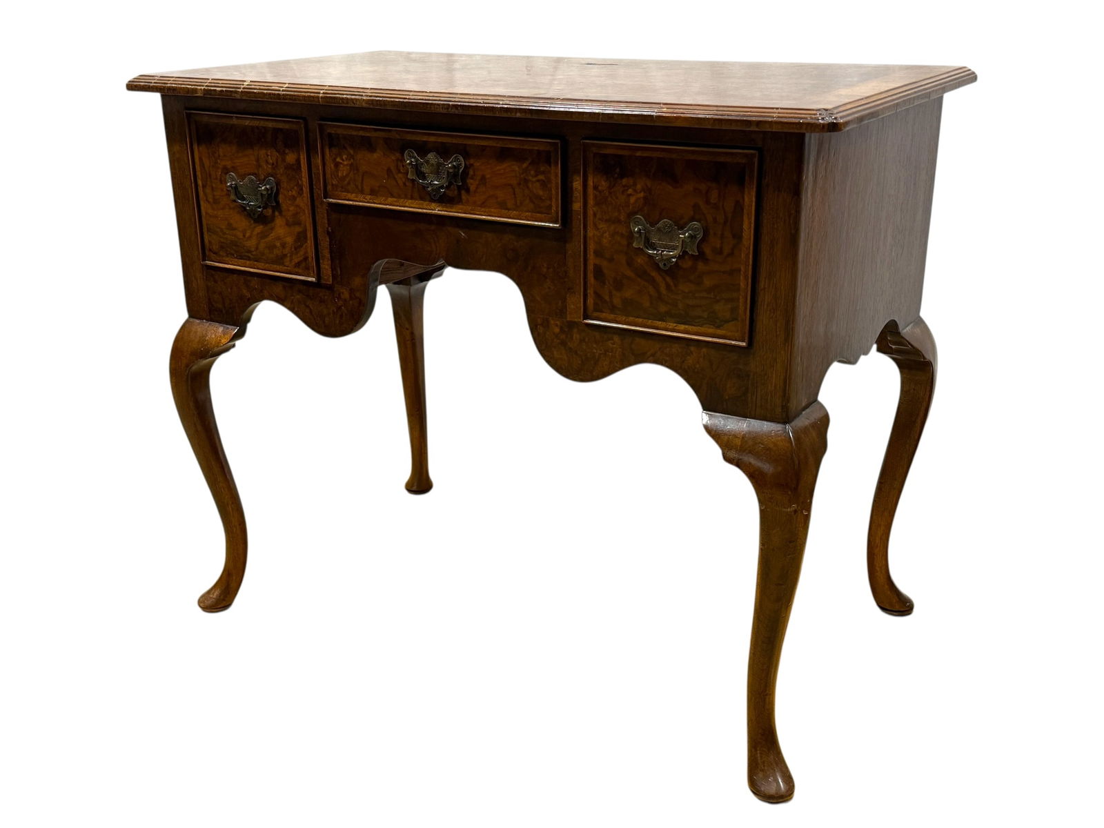 Burton Ching Ltd. Mahogany Lowboy: Burton Ching Ltd. Mahogany Lowboy. Label on inside of middle drawer. Measures 29.5" H x 36.5" W x 20.75" D. Has scuffs, scratches and repaired spots on trim.