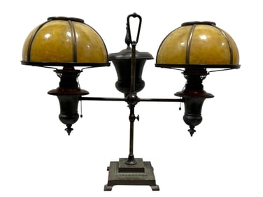 Antique Metal American Slag Glass Double Student Lamp