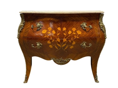 Marble Top Louis XV Style Marquetry Inlaid Bombe Commode
