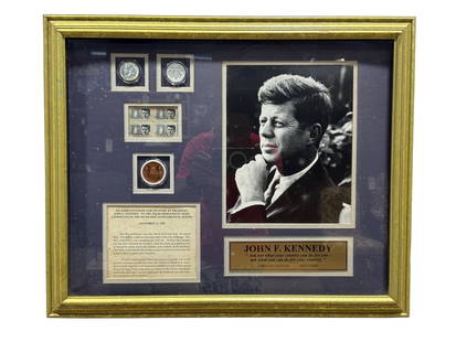 Framed John F. Kennedy 30th Anniversary Presentation: Framed John F. Kennedy 30th Anniversary Limited Edition Presentation. Features 90% silver Kennedy halves, 1963 Kennedy stamps, Inaugurated Presidential Medallion with plaque and speech. Measures 22.5"