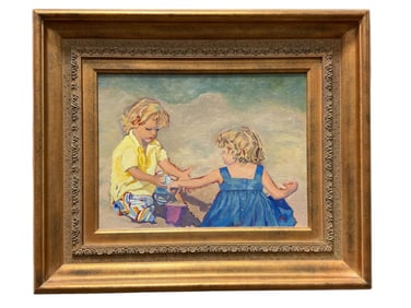 Signed Linda Ruthland Oil on Canvas "Kids on Beach" Painting