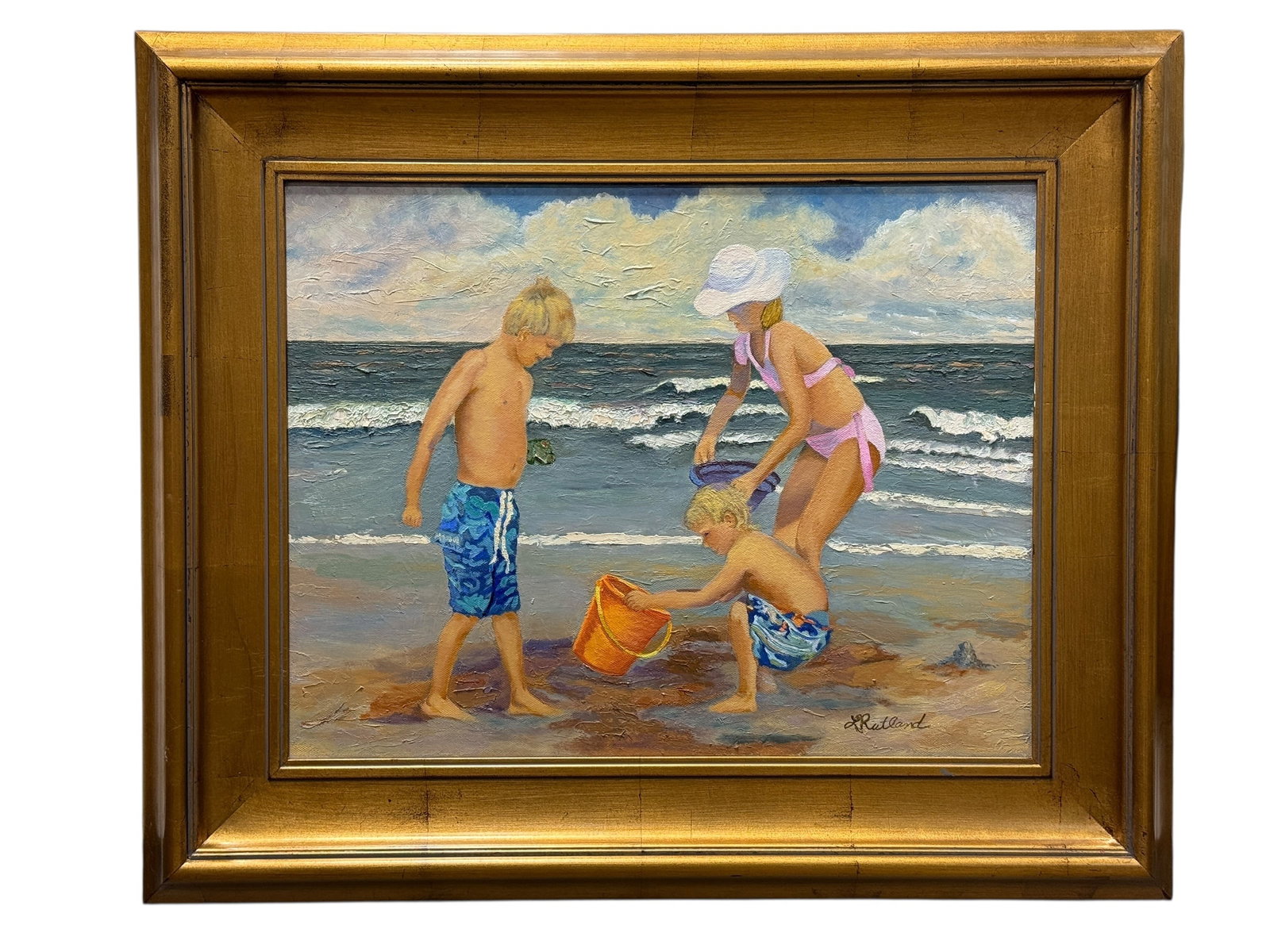 Signed Linda Ruthland Oil on Canvas "Beach Friends" Painting: Signed Linda Ruthland Oil on Canvas "Beach Friends" Painting. Signed L. Ruthland in the bottom right corner. Painting measures 15.5" x 11.5". Frame measures 24.75" x 20.75". In good condition.