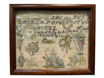 Framed 1871 Needlepoint Sampler: Framed 1871 Needlepoint Sampler. Linen, worked in greens, alphabet, numbers and flowers. Artist unknow. Depicting roman gladiator, bible mounted, and a man in a long robe. Overall measures 17.5" x 14.