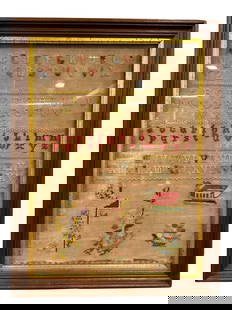Framed Early Needlepoint Sampler: Framed Early Needlepoint Sampler. Linen, Roman numerals, alphabet, cross with flowers, anchor, bible and urn with flowers. Overall measures 23.5" x 18".