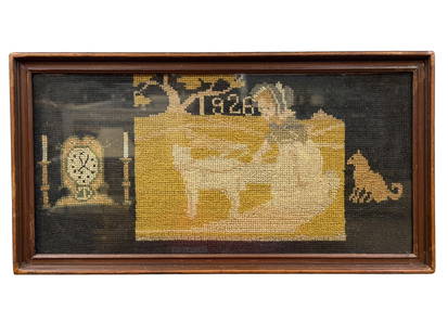 Framed 1826 Needlepoint Sampler: Framed 1826 Needlepoint Sampler. Linen, scene, old fashion little girl with dog, clock and candlesticks on one side, a cat on the other side, dated 1826. Overall measures 16" x 8.5".