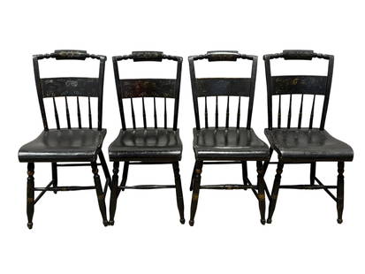 Set of 4 Antique Ebonized Side Chairs: Set of 4 Antique Ebonized Side Chairs. Floral Design painted on back of chairs. Measures 35.25" H and seat height measure 18.25" H. Refer to pictures for condition.