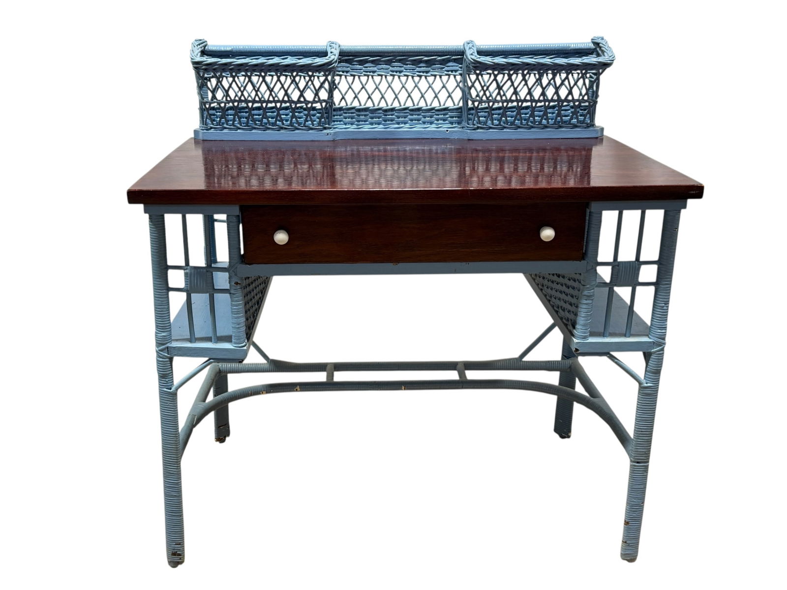 Antique Painted Wicker Desk w/ Wood Top (1 of 15)