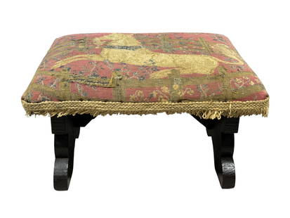 Antique Needlepoint "Unicorn" Footstool: Antique Needlepoint "Unicorn" Footstool. Measures 7.75" H x 15" W x 12" D. Has scuffs and scratches on wood. Fabric has some damage (see photos).
