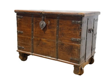 19th C. Hardwood Trunk on Wooden Wheels