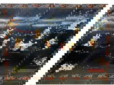 Ebonized Lacquer Asian Stone Inlaid 4 Panel Screen